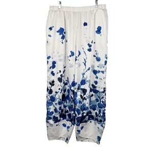 Misslook Womens 2XL White Elastic Waist Wide Leg Floral Blue Watercolor Pants‎